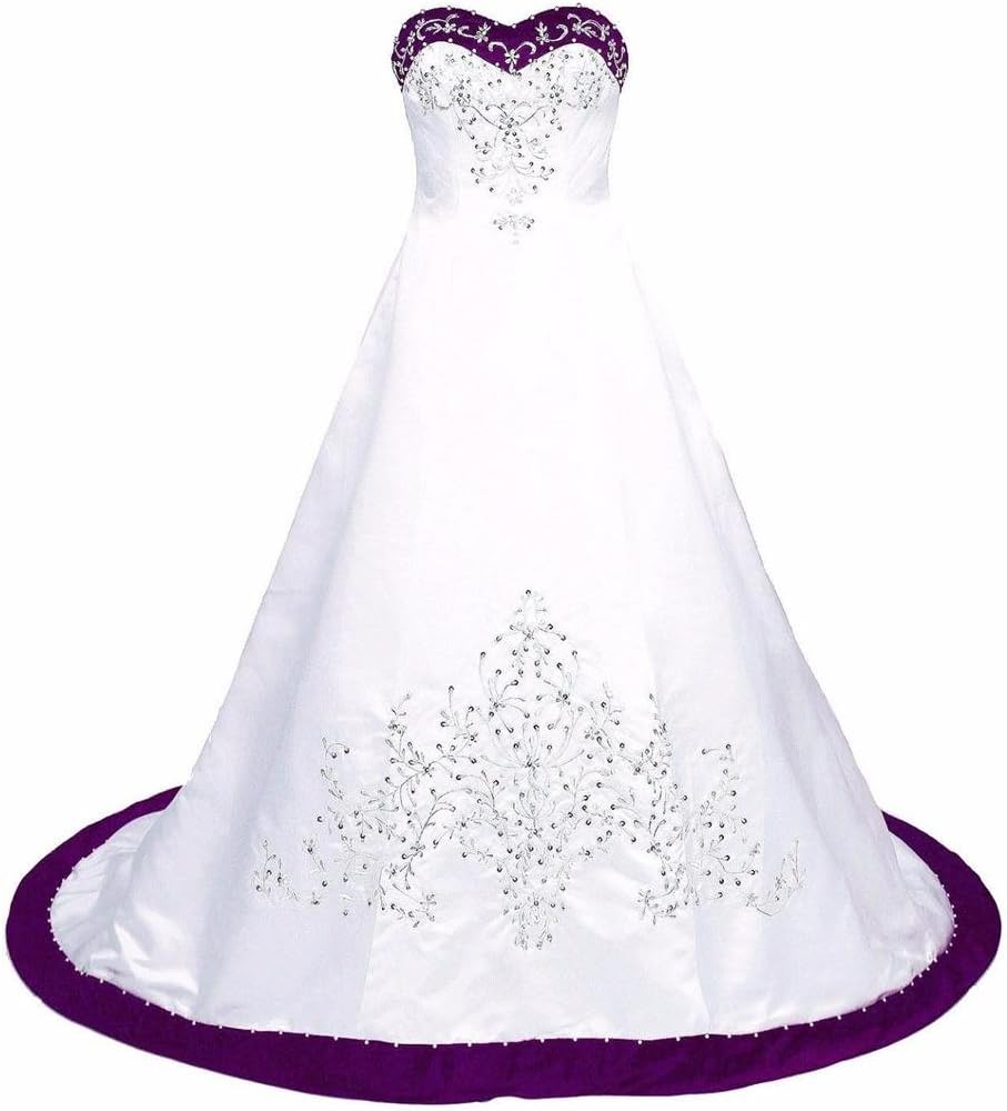 Edaier Women's Court Train Embroidered Satin Wedding Dress Bride Gown