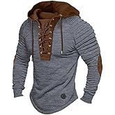 ShallWe Men's Henley Shirt Hooded Long Sleeve Lace Up Vintage Solid Casual T-Shirt Tactical Patchwork Western Tee Sports Grey, X-Large