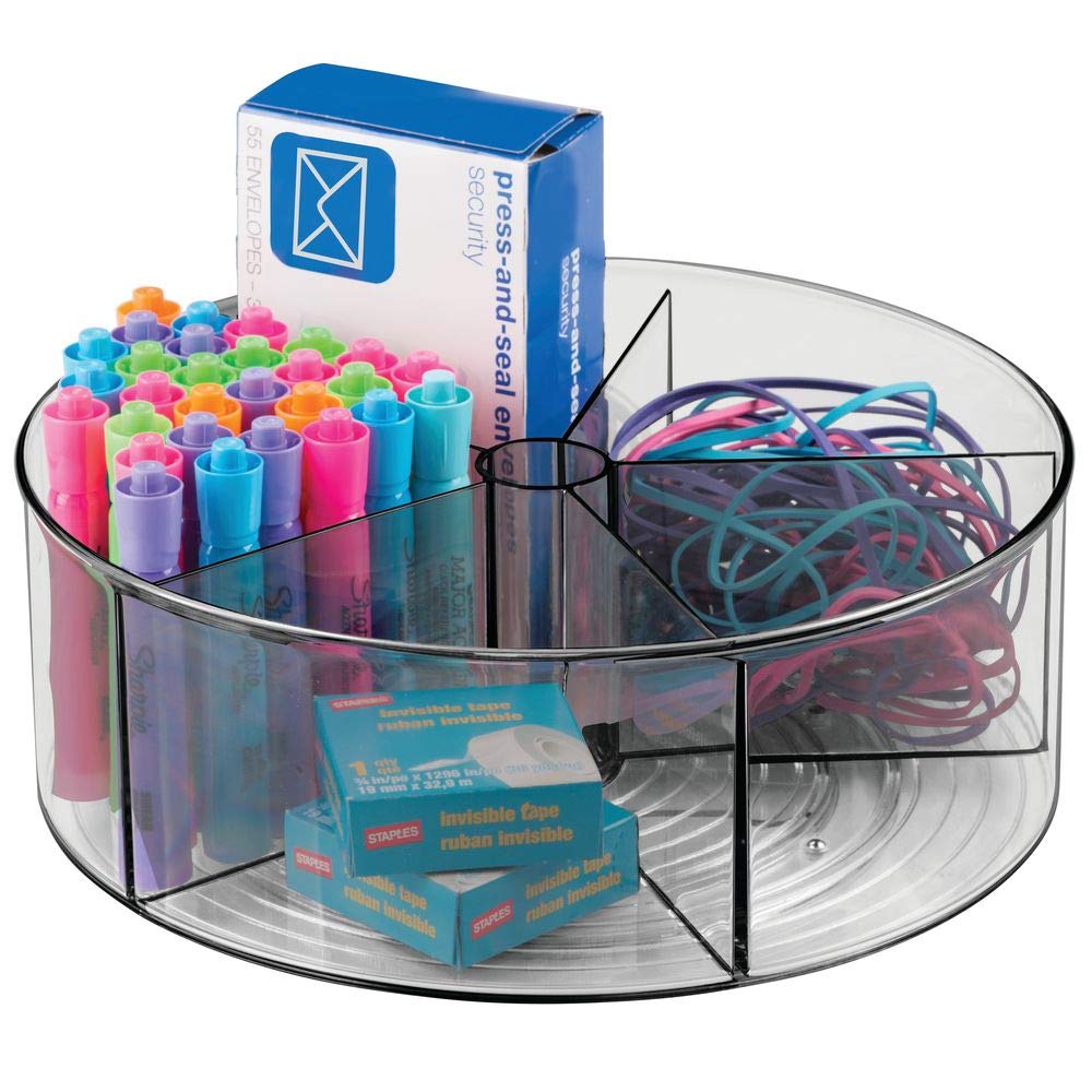 mDesign Deep Plastic Lazy Susan Turntable Storage Container - Divided Spinning Organizer for Home Office Supplies, Pens, Erasers, Tape, Colored Pencils - Smoke Gray