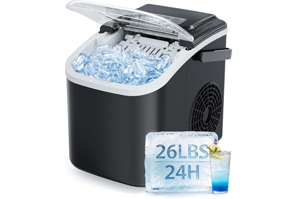 Countertop Ice Maker, 26lbs/24H Portable Ice Maker with Handle, 8 Ice Cubes Ready in 6 Mins, Self-Cleaning Ice Makers Countertop for Home/Party/Travel/Camping/Bar