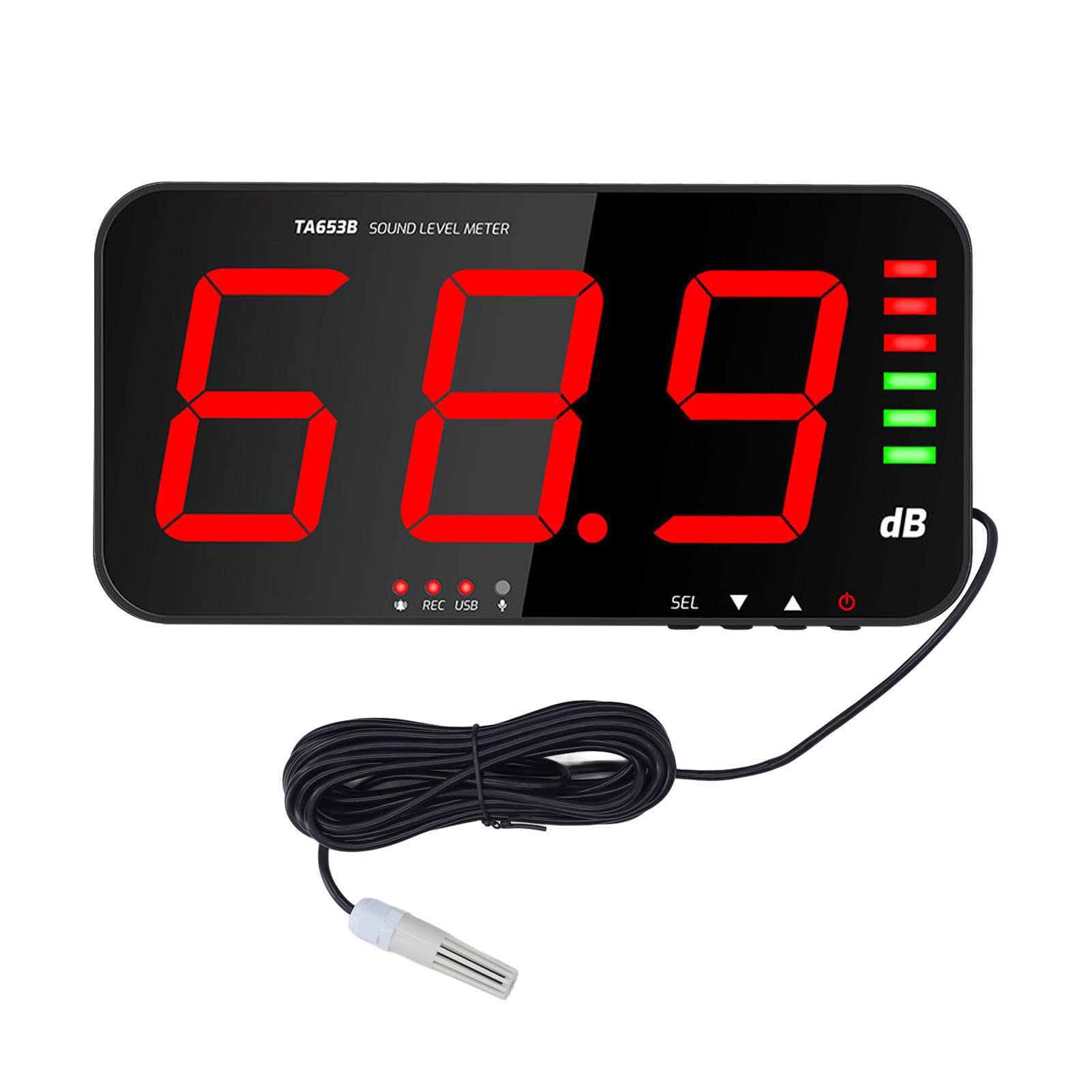 30dB-130dB DC5V 1A Micro USB Decibel Meter TA654B 13in Screen 3 Digits Display Sound Level Meter Wall Hanging Digital Decibel Reader with Alarm for Environmental Noise Dection