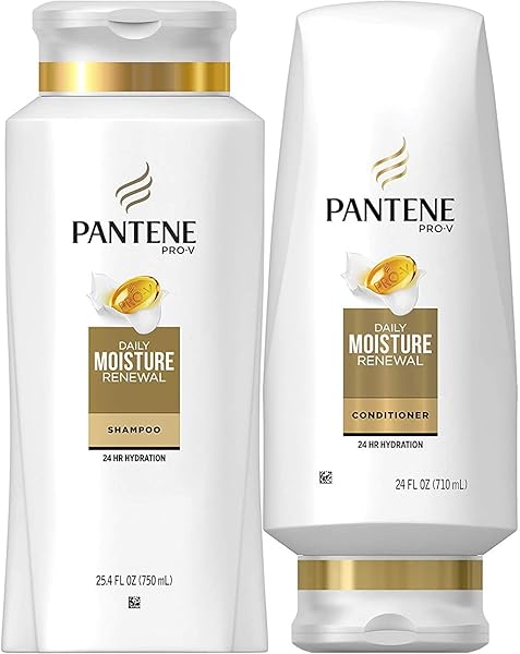 PANTENE MOISTURIZING SHAMPOO 25.4 OZ AND SILICON-FREE CONDITIONER 24 OZ FOR DRY HAIR, DAILY MOISTURE RENEWAL, BUNDLE PACK (PACKAGING MAY VARY)
