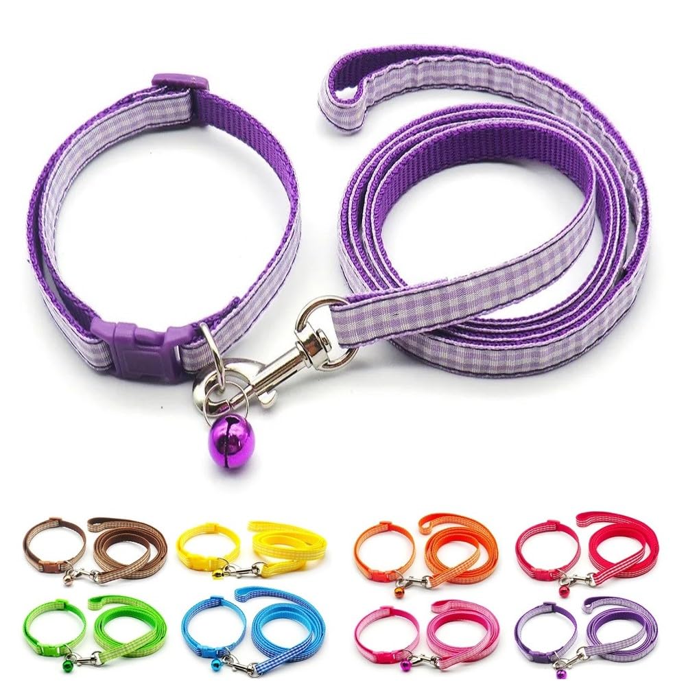 Small Dog Puppy Pet Collar and Lead Set Check Design Nylon Adjustable Size 19-32cm Collar with Bell and 120cm Leash Purple