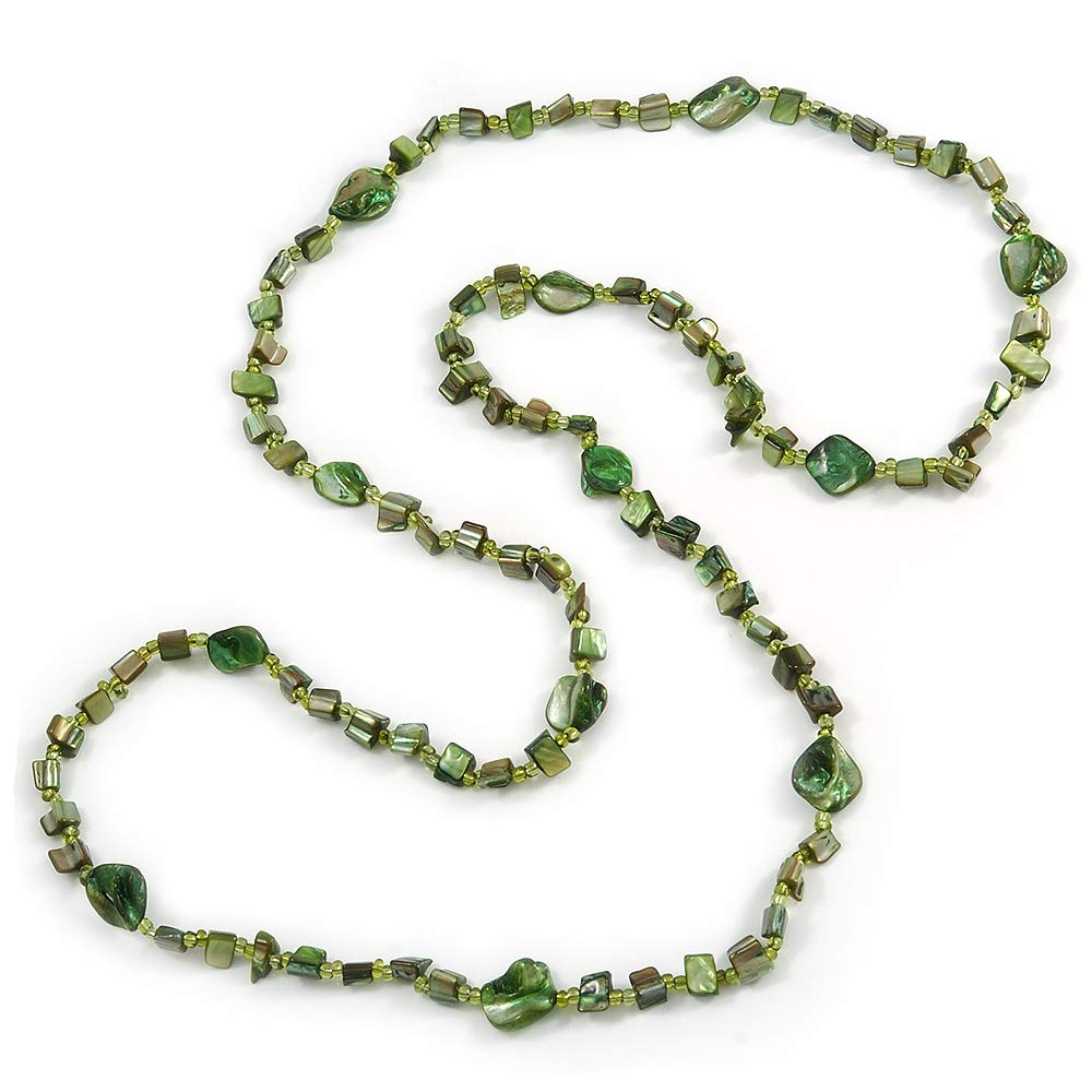 Avalaya Green Glass Bead, Sea Shell Nugget Long Necklace/ 120cm L