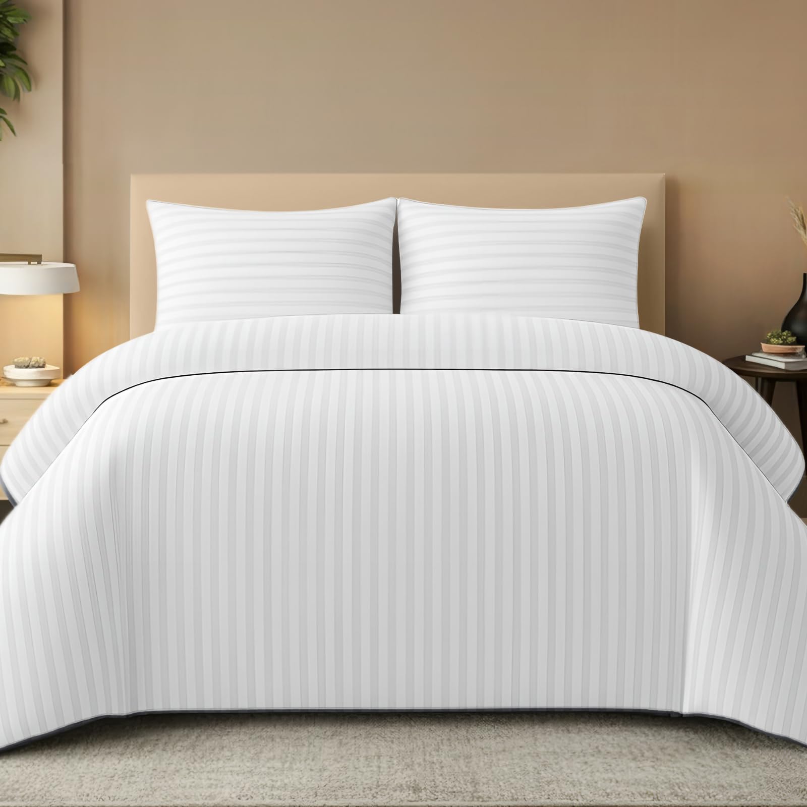 Pamposh Satin Stripe Double Duvet Set - Premium Hotel Quality Quilt Cover Bedding Sets - Hypoallergenic Ultra Soft Microfiber Bed Linen