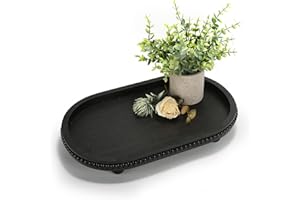 SYNCVIBE Wooden Decorative Tray for Home Decor, Beaded Black Oval Tray Decor for Coffee Table, Rustic Wood Serving Trays Farmhouse Centerpieces for Living Room Kitchen Counter (Black Oval)