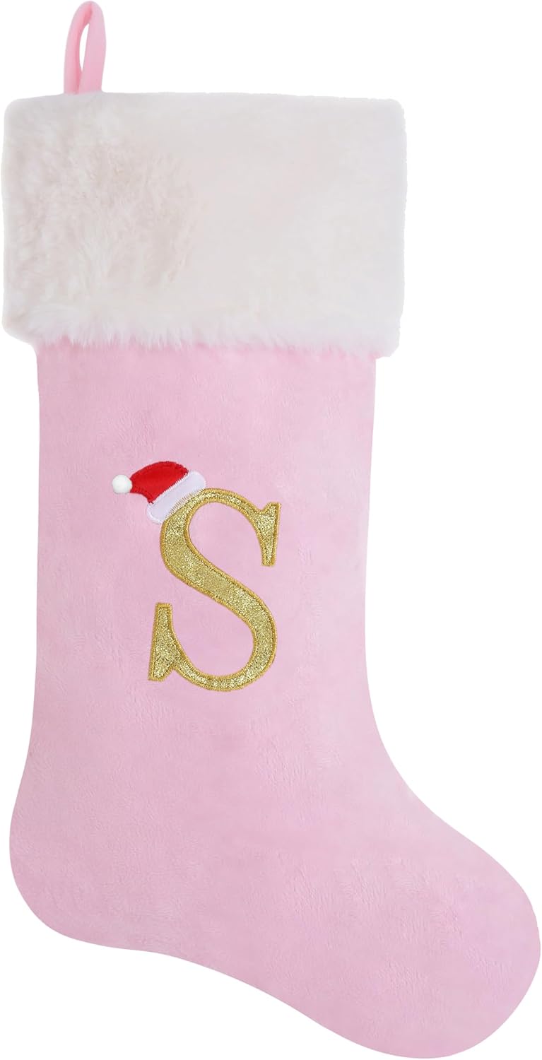 Stockings & Holders - AUAWMLK 20-Inch Letter Embroidered Christmas Stocking Thick and Luxurious Pink Velvet with Super Soft Plush Cuff Personalized Festival Decoration for Xmas and New Year Party(Letter S)