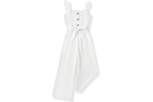SODLON Girls Jumpsuit Kids Clothes Fashion Ruffle Sleeveless Wide Leg Belted Romper Smocked Summer Outfits with Pockets