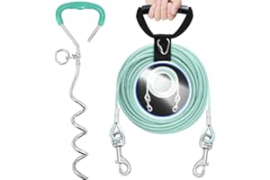 PETDREAM Reflective Dog Tie Out Cable and Stake with Handle, Dog Chain and Anchor 30/15/10 Ft, Dog Leads for Yard Heavy Duty Up to 125 Lbs for Outdoor, Camping, Beaches, Yard（Green, 30ft）