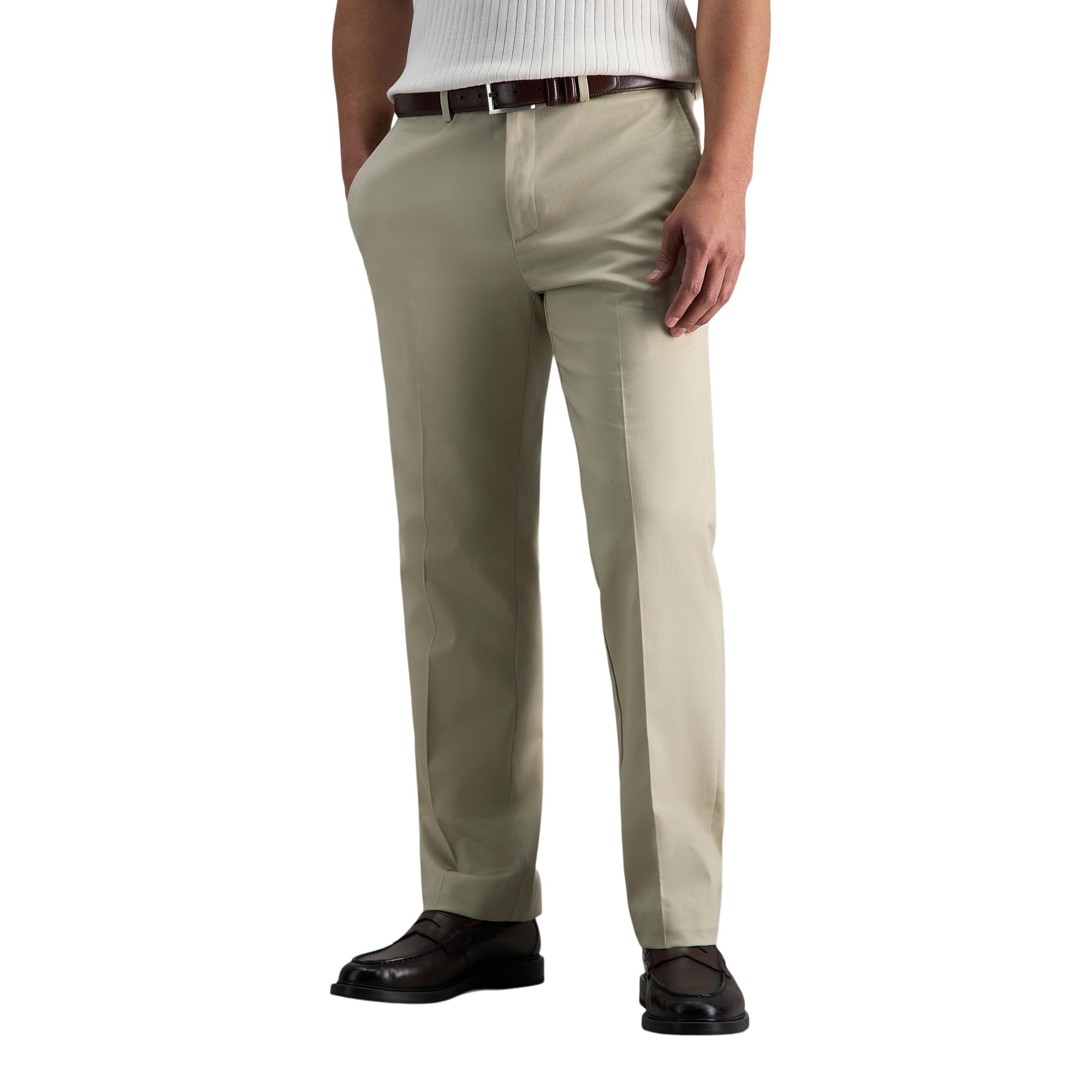 Haggar Men's Premium No Iron Khaki Straight Fit & Slim Fit Flat Front Casual Pant, Sand, 34W x 32L Image