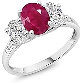 Gem Stone King 10K White Gold Gemstone Birthstone and Lab Grown Diamond 3-Stone Engagement Ring for Women | Oval 8X6MM and 6X4MM | Elegant Wedding Anniversary Promise Ring | Size 5-9