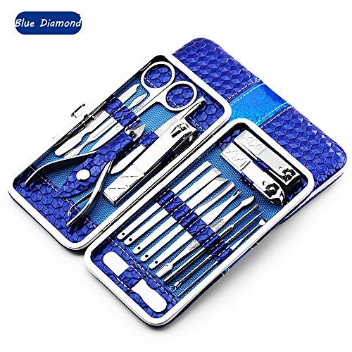 ONDY Manicure Pedicure Set Nail Clippers Travel Hygiene Kit Stainless Steel Nail Cutter Care Set Scissor Tweezer Knife Ear Pick Utility Grooming Tools with Fine PU Leather Travel Case (Blue Diamond)