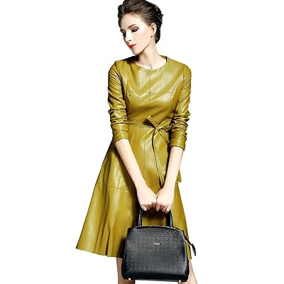 Womens Faux Leather Fashion Midi Bodycon A-line Dress with Belted