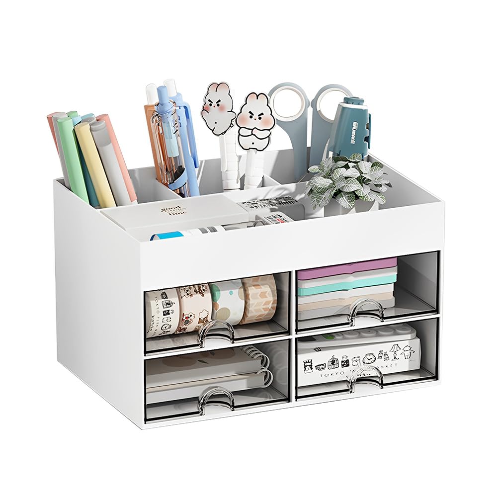 Desk Organiser with 4 Drawers, Space Saving Desk Organiser Drawers with 4 Compartments, Office Multifunctional Desk Table Organiser, Tidy Stationery Storage Box for Office Home School (White)