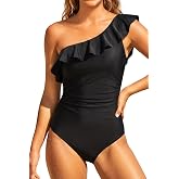 Tempt Me Women One Piece Swimsuits Tummy Control One Shoulder Bathing Suits | Ruffle Swimwear, Removable Shoulder Straps, Full Lining, Removable Bras