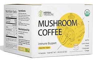 WL Herbal Treasure Instant Mushroom Coffee - Organic Mushroom Coffee with Cordyceps, Reishi Mushroom, Chaga Mushroom & Lions Mane Mushroom - Coffee Alternative with 15 Organic Instant Coffee Packets
