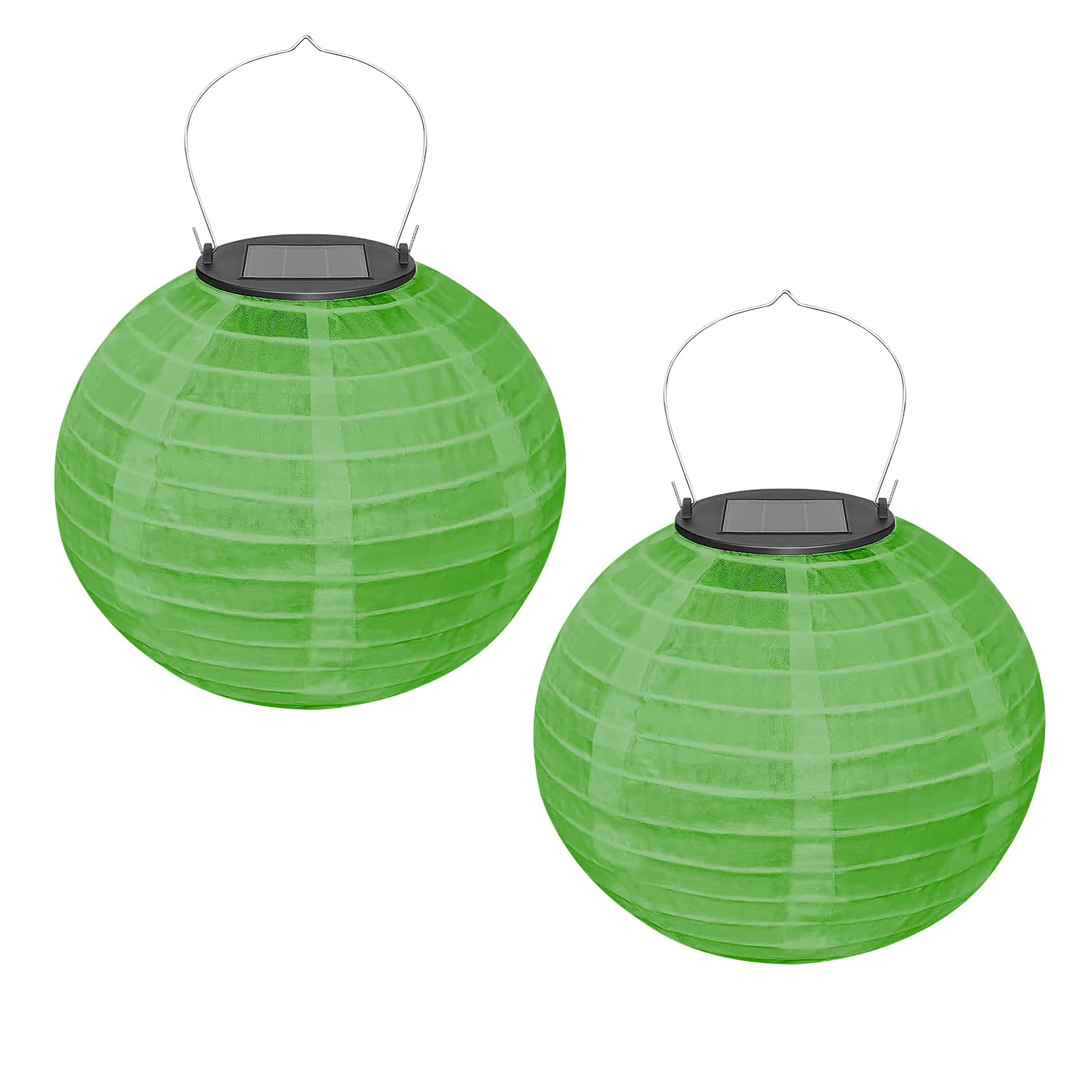 Ledeak 2 Pcs Solar Lantern, Round Ceiling Polyester Light Shade Lantern with Solar Rechargeable LED Lights, 20 cm Chinese Oriental Style Lamp Shade Lantern for Outdoor Garden Festival Decor (Green)