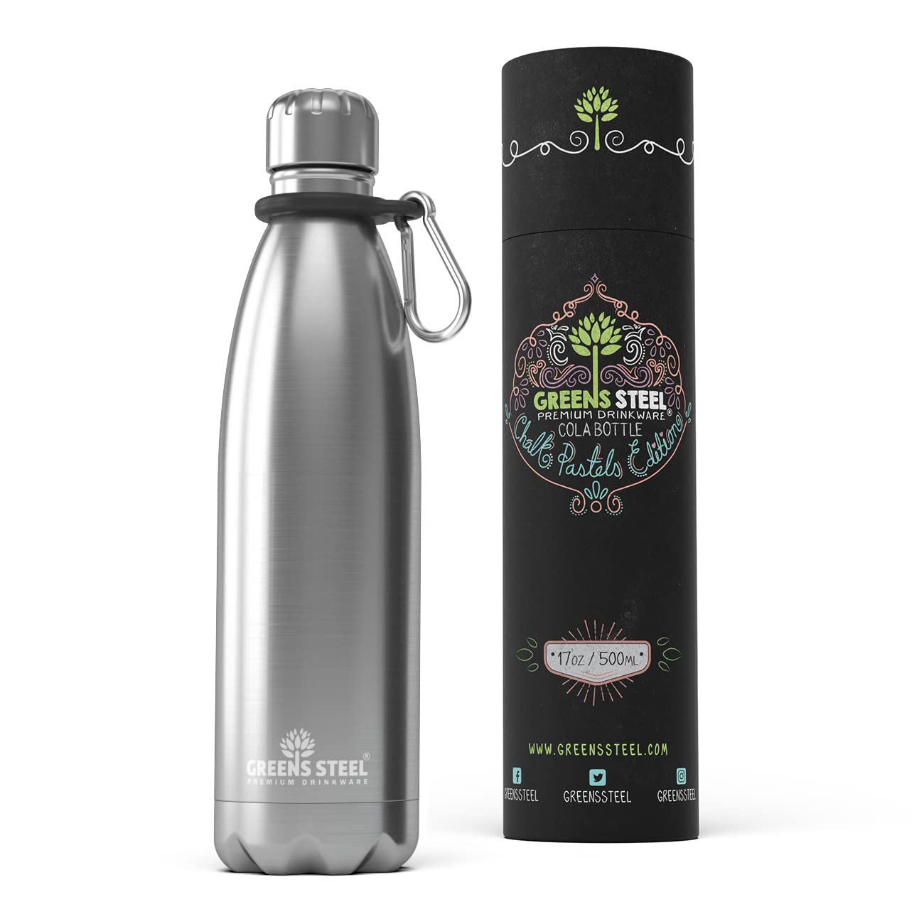 Greens Steel Stainless Steel Water Bottle - 500ml, Silver | Double Wall Vacuum Insulated Flask | Carier Holder & Gift Box Included | Reusable, Leak Proof Sports Bottle for Adults & Kids