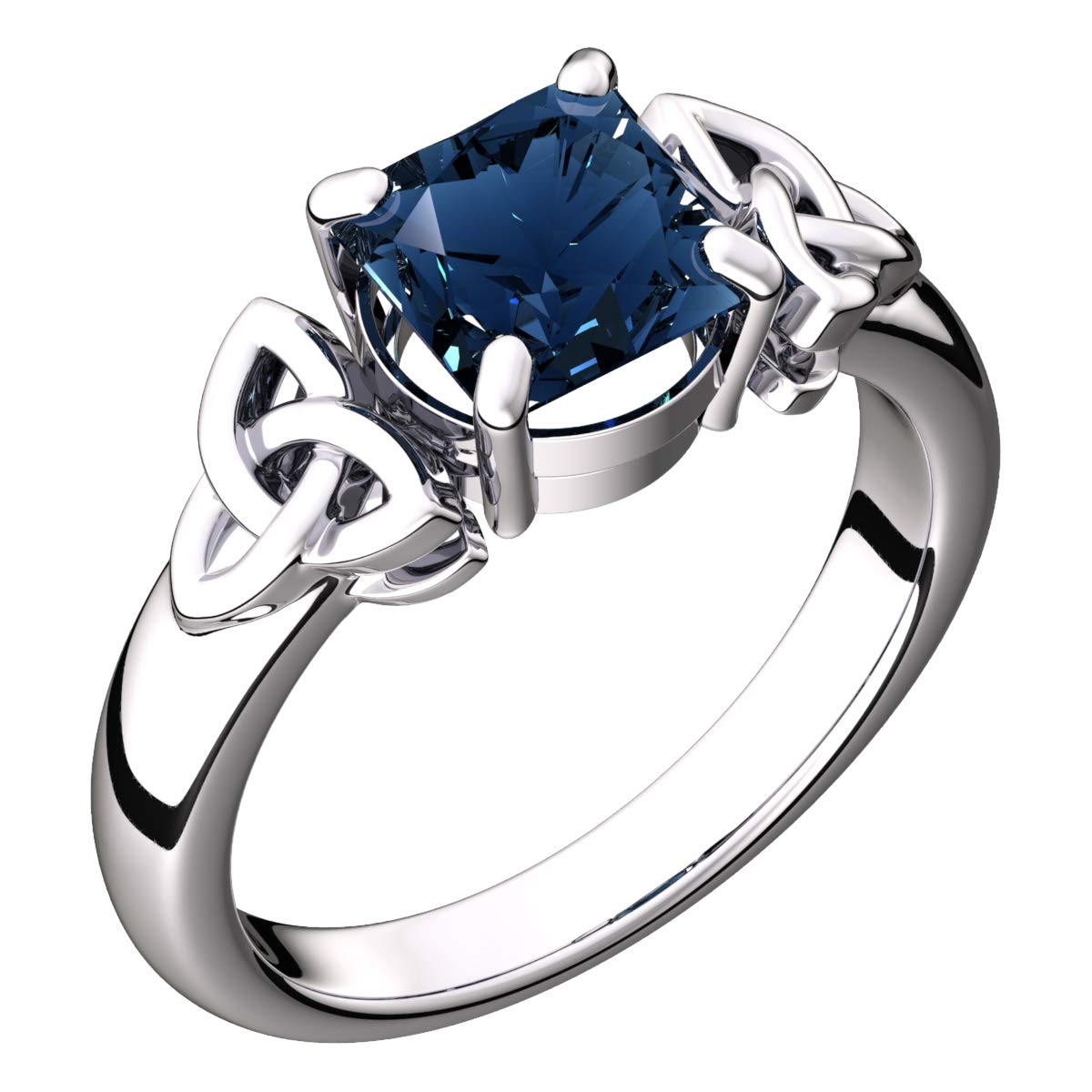 GWG Jewellery 925 Sterling Silver Ring with Large Sapphire Blue Square Stone Graced with Celtic Trinity Knots on Sides – 7 in Gift Box for Women