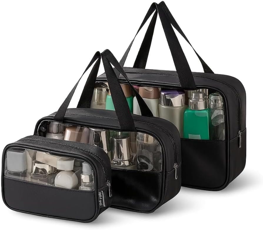 Kit Necessaire 3 em 1 Bolsa de Viagem para Maquiagem e Higiene Pessoal Unissex Washbag Transparente – Grande Capacidade Organizador em PVC Impermeável Ideal para Academia, Mala, Mala de Mão (Preto)