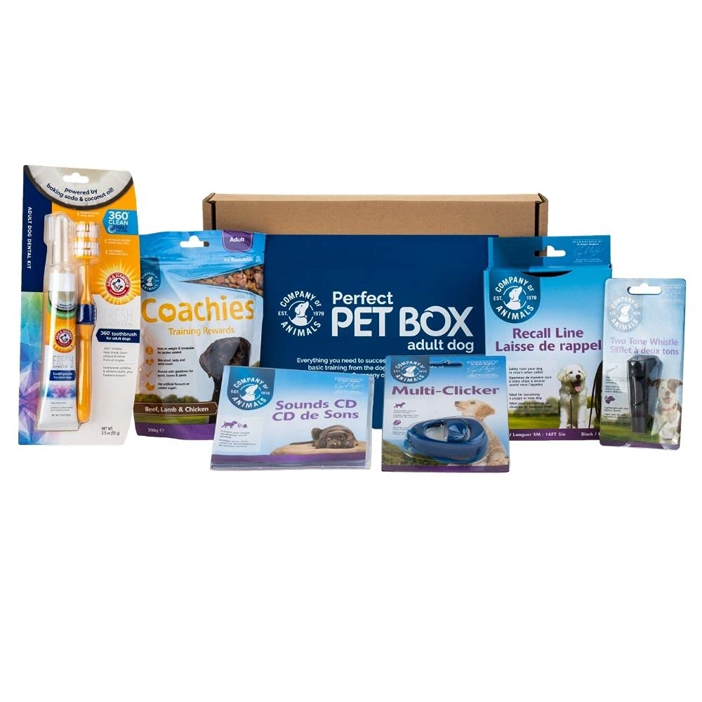 The Company of Animals DOG TRAINING KIT; with 6 products 5M Recall Line; Whistle, Dog Clicker training; Coachies Training Treats 200G; Sounds Desensitisation CD/MP3; Dental Dog Essentials Pack Brown