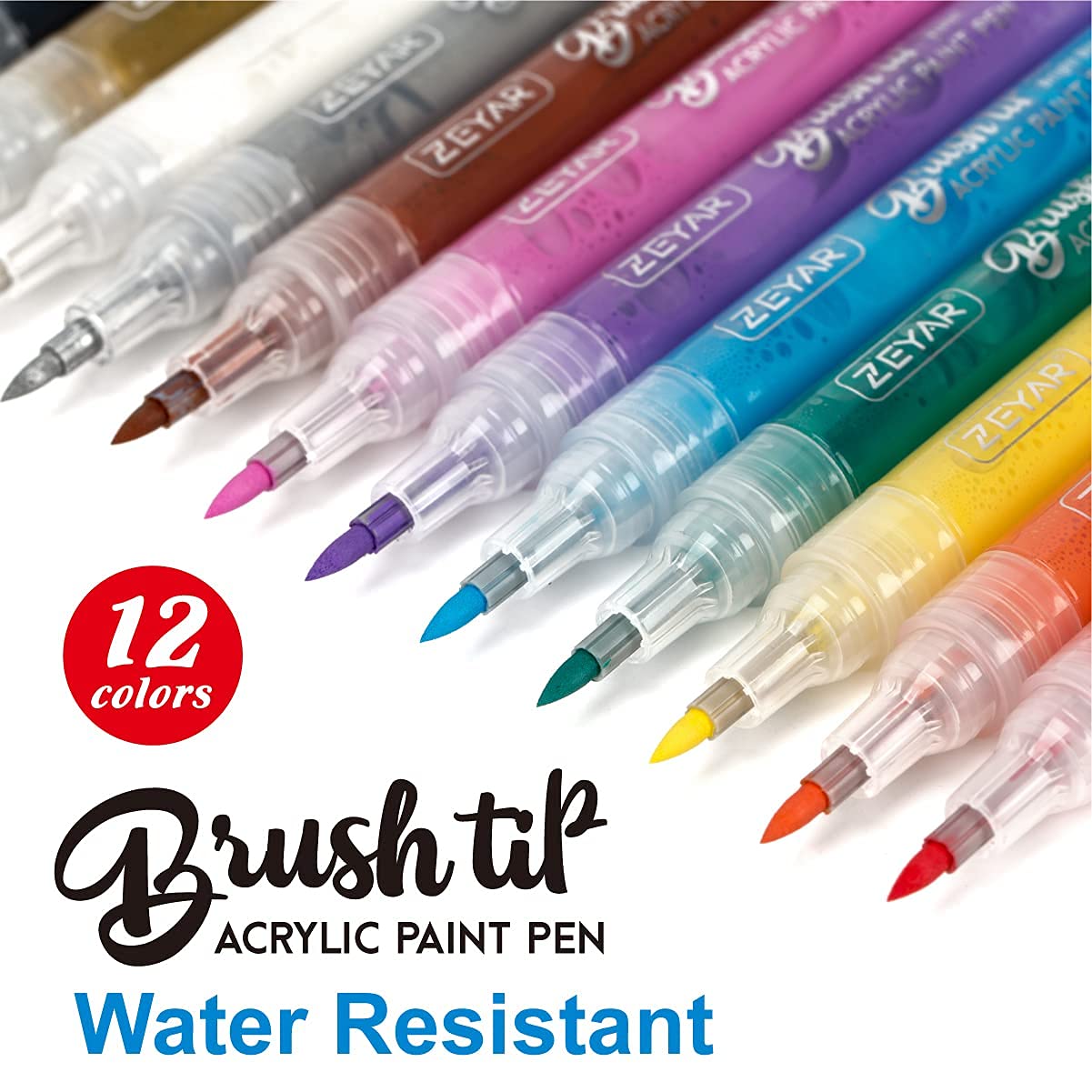 ZEYAR Acrylic Paint Pens Brush Tip, Valve-action Structure, Waterproof Ink, Writes on Paper, Rock, Rubber, Ceramics, Wood, Glass and more, Patented Product (12 Classic Colors)