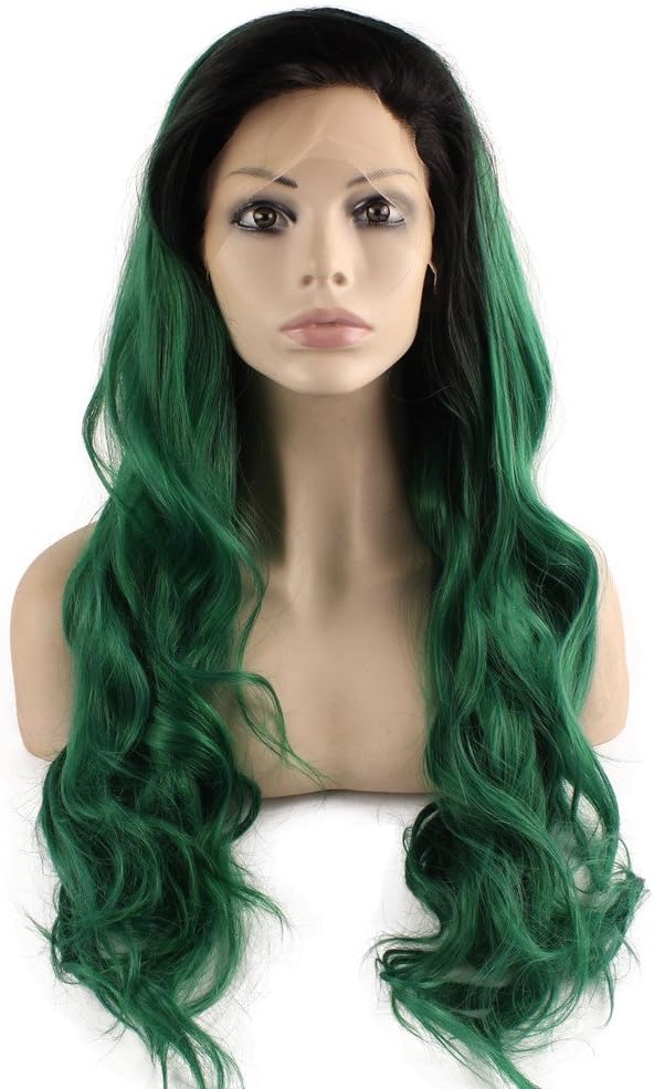 Iwona Long Wavy Lace Front Synthetic Hair Black Root Green Ombre Quality Cosplay Party Wig