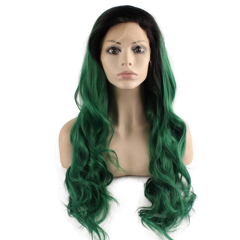 Iwona Long Wavy Lace Front Synthetic Hair Black Root Green Ombre Quality Cosplay Party Wig