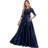 I2USHOP Satin Mother of The Bride Dresses for Wedding Crew Neck Mother of The Groom Dresses Lace Formal Dress with Pocket