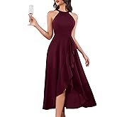 Dressystar Womens 2026 Halter Slit Ruffle Wedding Guest Party Dress Elegant Maxi Long Sleeveless Formal Prom Cocktail Dresses
