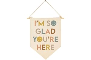 YEEMAN Girl Nursery Decor Canvas Banner,Nursery Bedroom Playroom Wall Art Decorations,Nursery Hanging Sign with Rope (I'm So Glad You Are Here)
