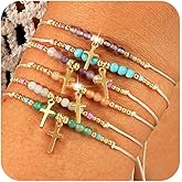 Bohxantium Cross Bracelet Crystal Beaded Bracelets for Women Friendship Christian Gifts for Women Stretch Rope Colorful Natural Healing Stone Gold Beads Stackable Adjustable Trendy Religious Jewelry