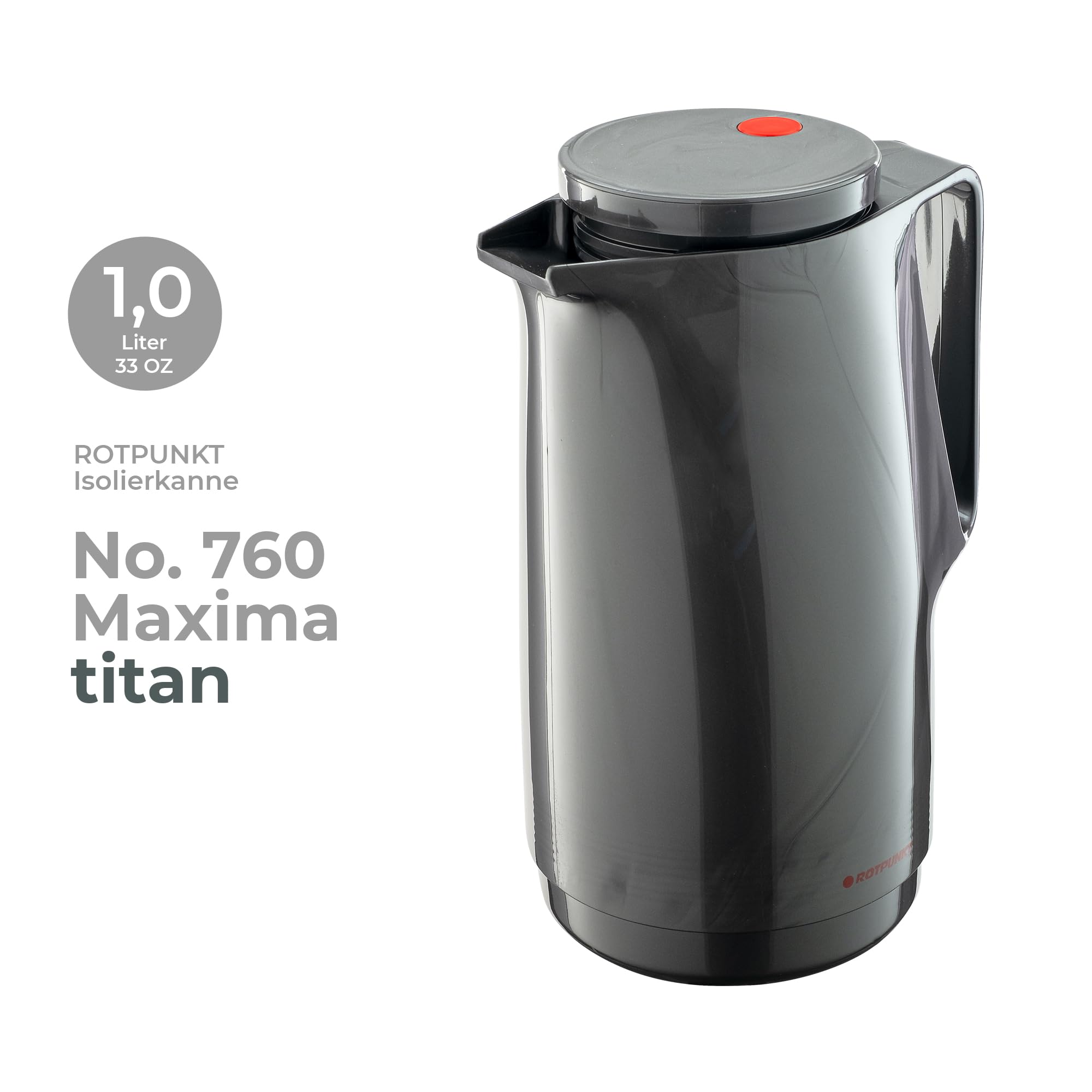 ROTPUNKT Isolierkanne 1 Liter mit Glaseinsatz – Thermokanne & Warmhaltekanne für Kaffee und Tee - Made in Germany - hält Getränke bis zu 24 Std heiß & 36 Std kalt (Maxima 760, Titan) 2