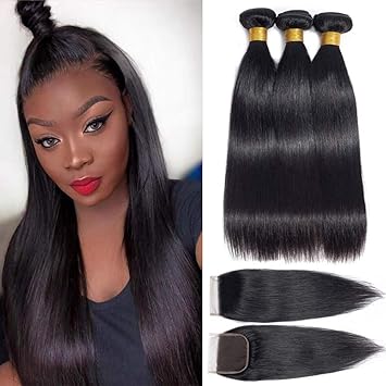 Amazon Com Brazilian Straight Hair 3 Bundles With Closure 16 18