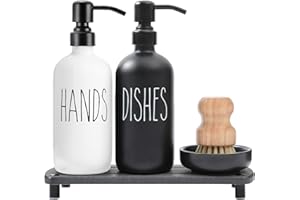 MOMEEMO Soap Dispenser for Kitchen Sink Comes with Stainless Pumps, Instant Dry Tray, and Dish Scrub Brush, Suitable for Black and White Kitchen Decor. (Black & White)