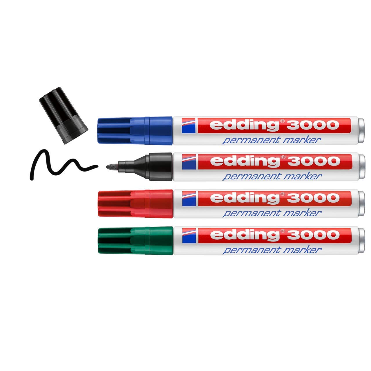 Edding 3000 Permanent Marker for Labelling and Marking Almost All Surfaces, Refillable, Waterproof, Light-Resistant Marker – Line Width 1.5 – 3 mm Pack of 4 Blister Card assorted colours