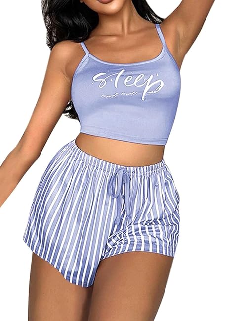 ROSVAJFY Women 2 Pieces Pajamas Set Letter Print Camisole Top Striped Drawstring Shorts Set Scoop Neck Sleeveless Loungewear Sleepwear Summer Nightwear (UK, Alpha, M, Regular, Regular, LightBlue)