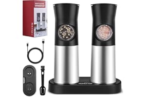 Electric Salt and Pepper Grinder Set, HOMCYTOP Gravity Automatic Salt & Pepper Mill Refillable with Rechargeable Base, USB Cables, 2 Adjustable Coarseness Mills, White LED Light, One Hand Operation