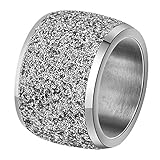 INRENG Women's Stainless Steel Ring Shiny Sequins Pave Sandblast Wide Wedding Band Silver Size 8