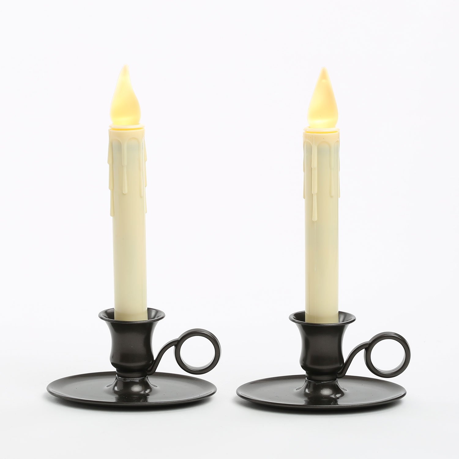 2 Ivory Drip Flameless Taper Window Candles with Oiled Bronze Candle