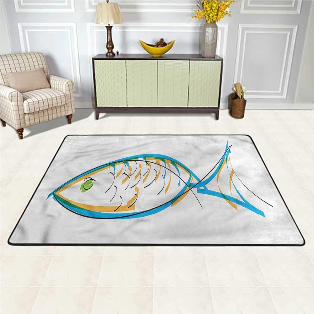 Area Rug Fish, Aquarium Animal Drawing Non-Slip Flannel Microfiber Bath Mat for Girls Room Bedroom 7 x 7 Feet
