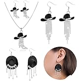 MEDOJO 4 Pcs Western Earrings Necklace Jewelry Set Sparkly Rhinestone Tassels Cowgirl Hat Earrings Charm Western Jewelry for Women