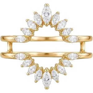 925 Sterling Silver Yellow gold Plated Created Diamond Ring Enhancer Guard - Marquise Cut Simulated Diamond Double Band Curve