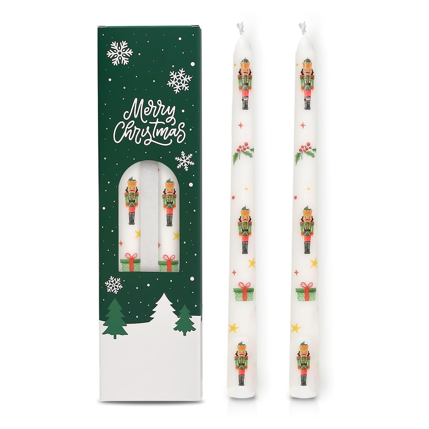 Photo 1 of 2 Pack Christmas Taper Candles, 10 Inch Unscented Candlesticks with Nutcracker Pattern for Holiday Table Centerpiece, Fireplace Mantel, Advent Wreaths, Winter Weddings, Seasonal Home Decor