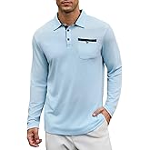 Mens Polo Shirts Long Sleeve Casual Lightweight Button Plaid Collared Golf T Shirts with Pocket