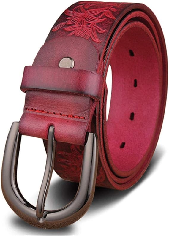 Belt, Red Leather Belt, Ladies Casual Printed Leather Belt, Retro Pin