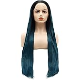 LUSHY BEAUTY Hair Synthetic Lace Front Wig Straight Super Long 28inch Dark Root Blue Green Mix Ombre Heavy Density Heat Resistant Realistic Wig