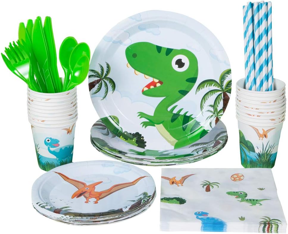 Dinosaur Party Supplies Set Kid’s Dinosaur Tableware Kit includes Disposable Paper Plates,Cups,Napkins, Straws,Knife and Fork Spoon Utensils Serves 20 Guests