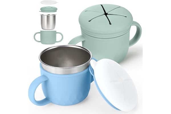 Mity rain 2-Pack Stainless Steel Snack Containers, 4-in-1 Spill proof Snack Cups With Silicone Lid and Handle, Dishwasher Safe Travel Snack Containers for Kids and Infants (Green + Blue)