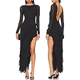 Capuffy Womens Long Sleeves Backless Maxi Dress Mesh Tassel Ruffle Side Split Bodycon Evening Party Dress 350